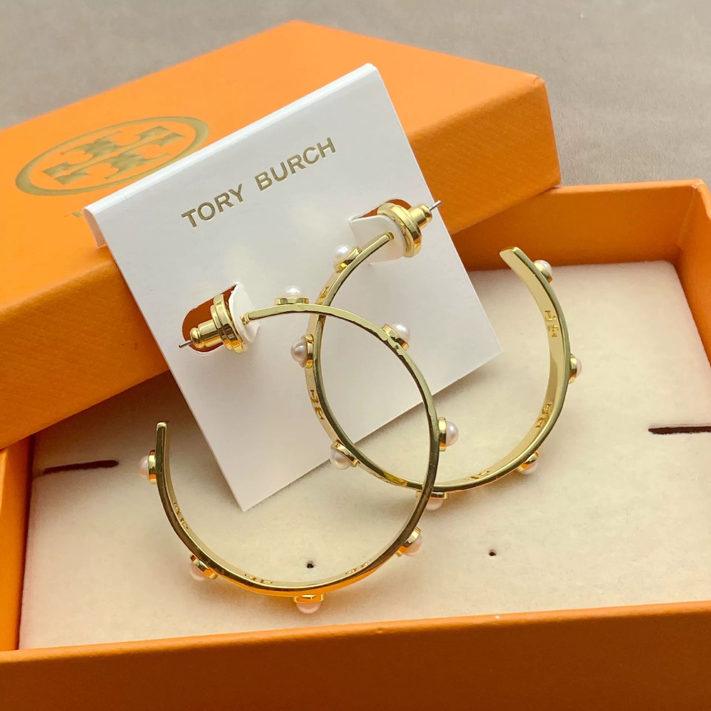 Tory Burch Pearl Inlaid Round Hoop Earrings